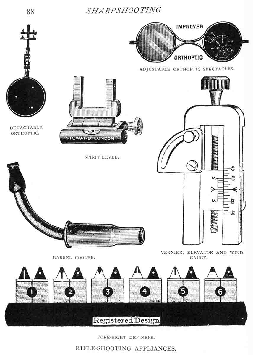 Line drawing in Greener’s book, Sharpshooting for Sport and War, showing a “barrel cooler” and other shooting accoutrements of the day.